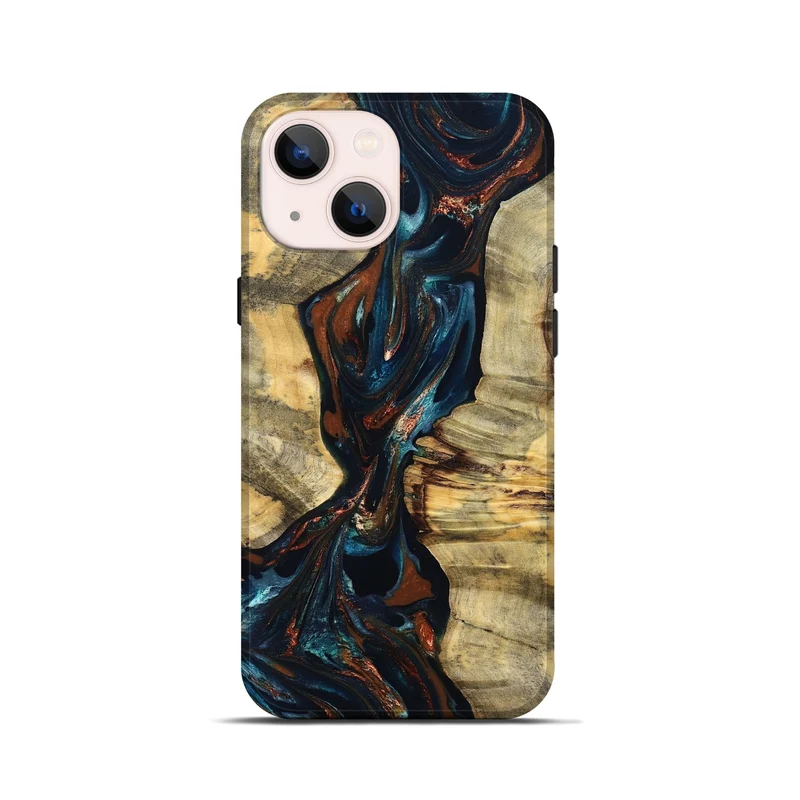 iPhone 13 mini Wood Live Edge Phone Case - Luz (Teal & Gold, 829845)