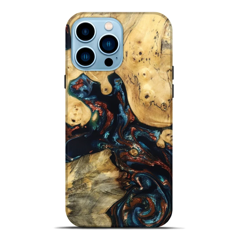 iPhone 14 Pro Max Wood Live Edge Phone Case - Mable (Teal & Gold, 829844)