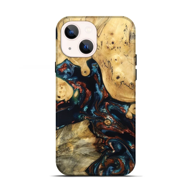 iPhone 13 Wood Live Edge Phone Case - Mable (Teal & Gold, 829844)