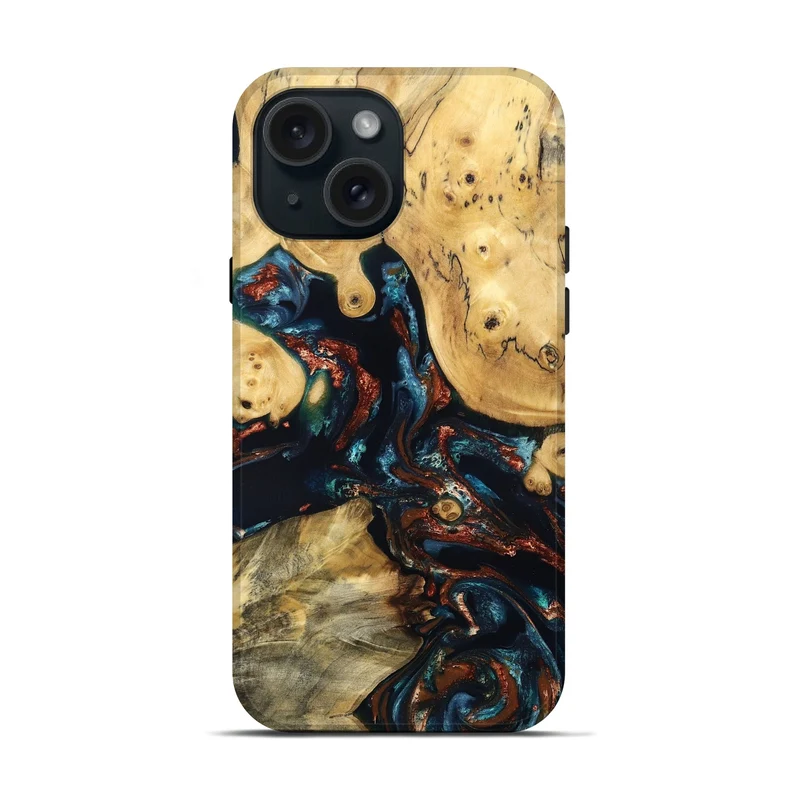iPhone 15 Wood Live Edge Phone Case - Mable (Teal & Gold, 829844)