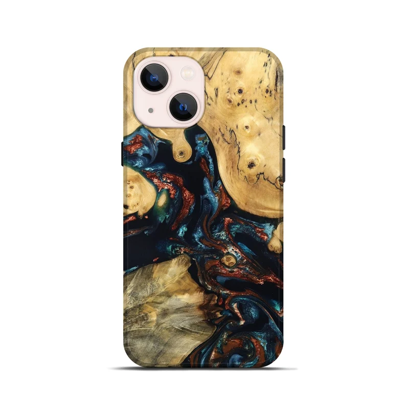 iPhone 13 mini Wood Live Edge Phone Case - Mable (Teal & Gold, 829844)