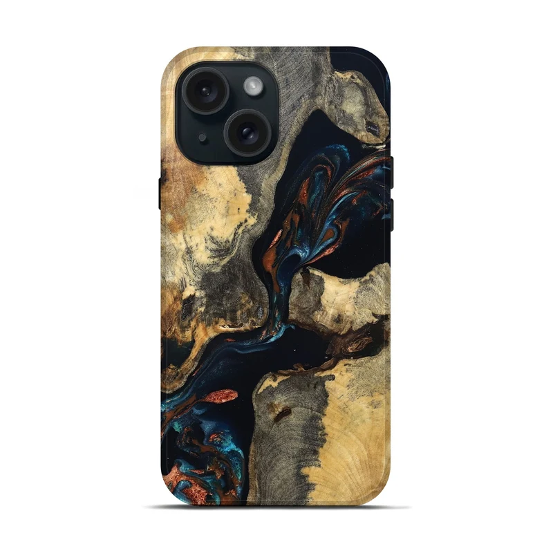 iPhone 15 Wood Live Edge Phone Case - Janene (Teal & Gold, 829839)