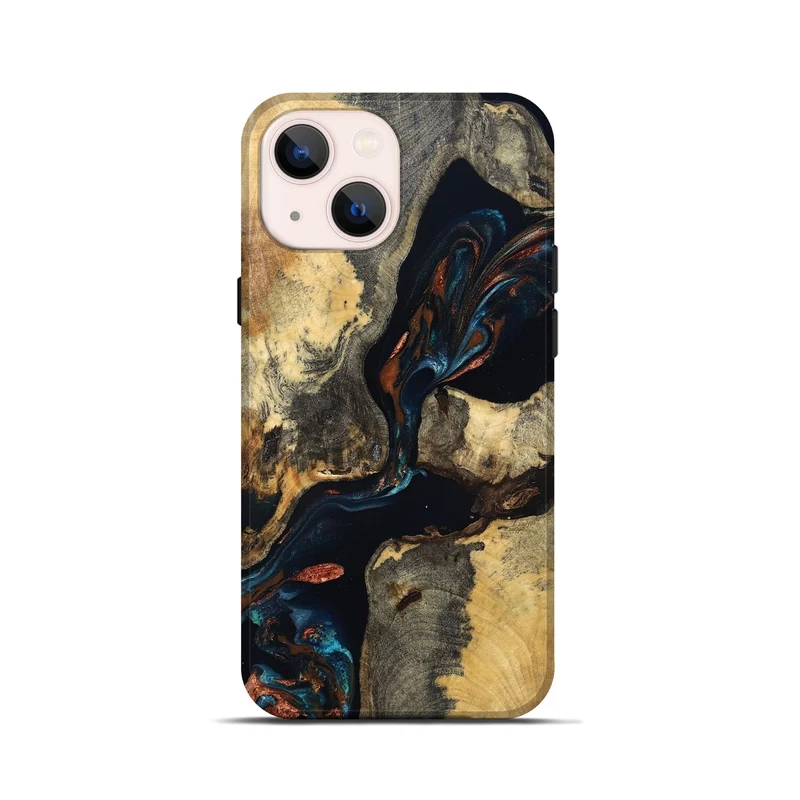 iPhone 13 mini Wood Live Edge Phone Case - Janene (Teal & Gold, 829839)