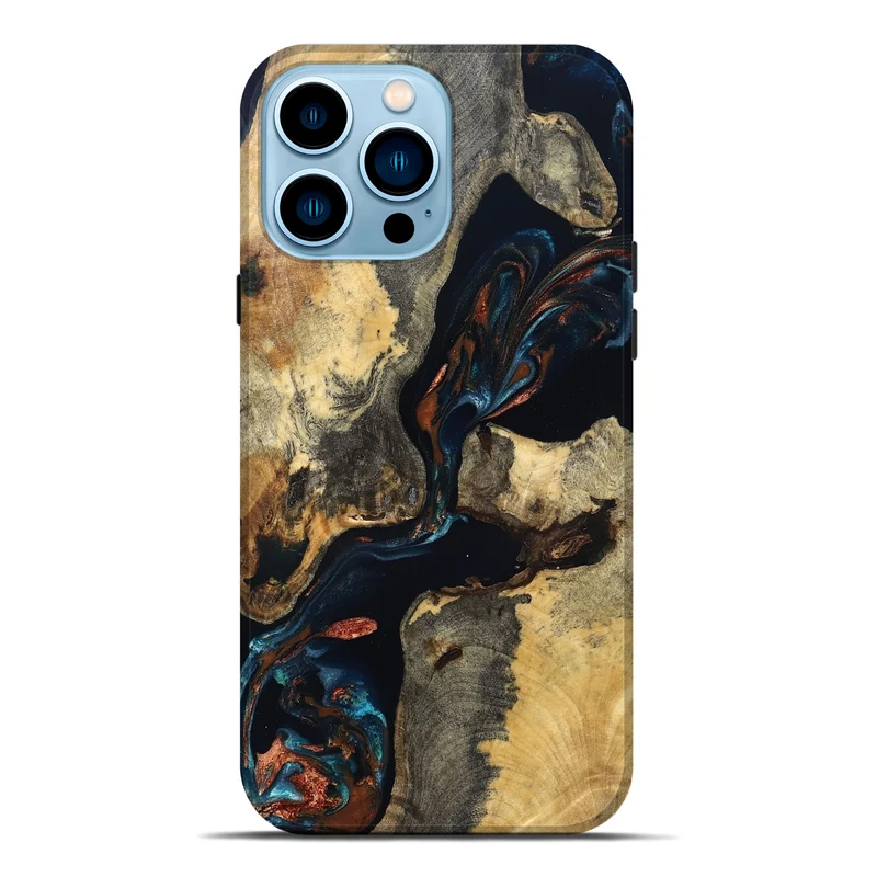 iPhone 14 Pro Max Wood Live Edge Phone Case - Janene (Teal & Gold, 829839)