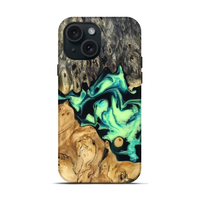 iPhone 15 Wood Live Edge Phone Case - Tony (Green, 829825)