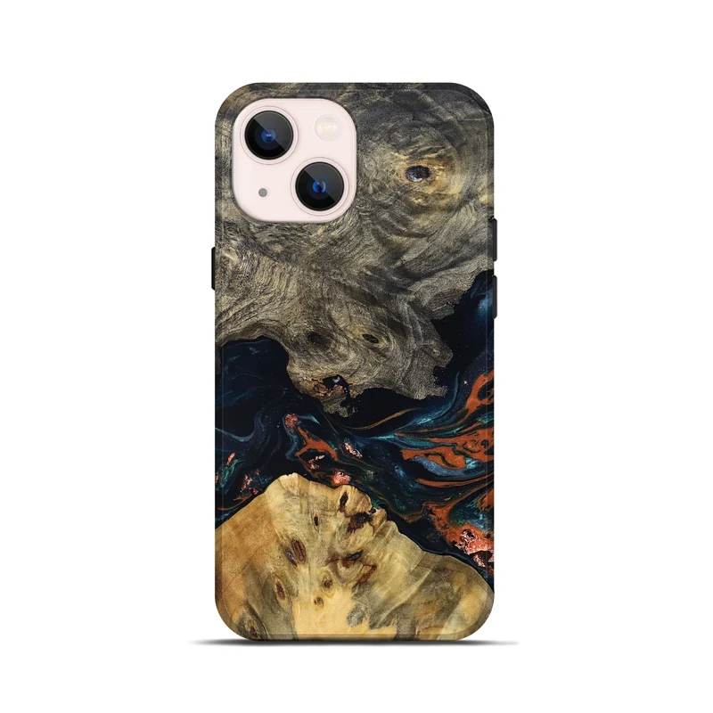 iPhone 13 mini Wood Live Edge Phone Case - Yehuda (Teal & Gold, 829836)