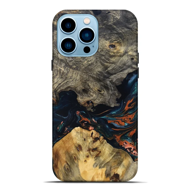 iPhone 14 Pro Max Wood Live Edge Phone Case - Yehuda (Teal & Gold, 829836)