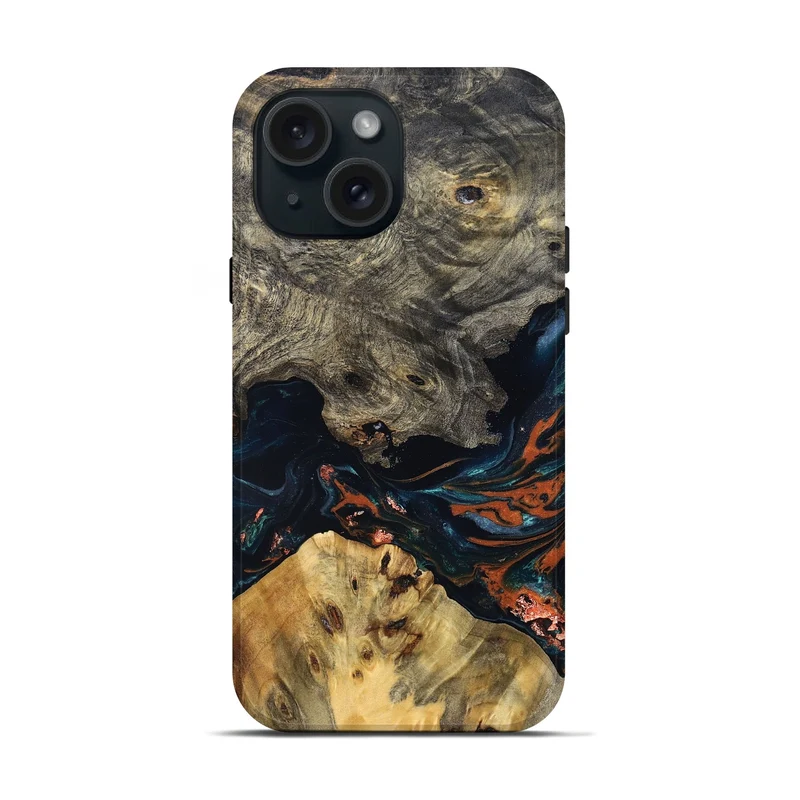 iPhone 15 Wood Live Edge Phone Case - Yehuda (Teal & Gold, 829836)