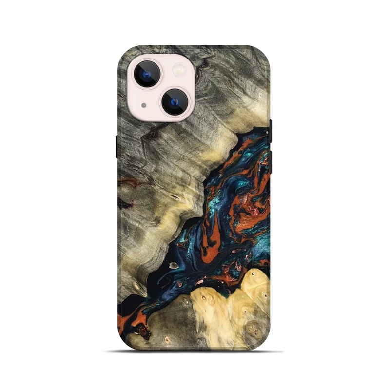 iPhone 13 mini Wood Live Edge Phone Case - Cortez (Teal & Gold, 829832)