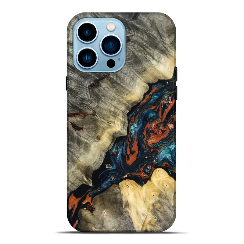iPhone 14 Pro Max Wood Live Edge Phone Case - Cortez (Teal & Gold, 829832)
