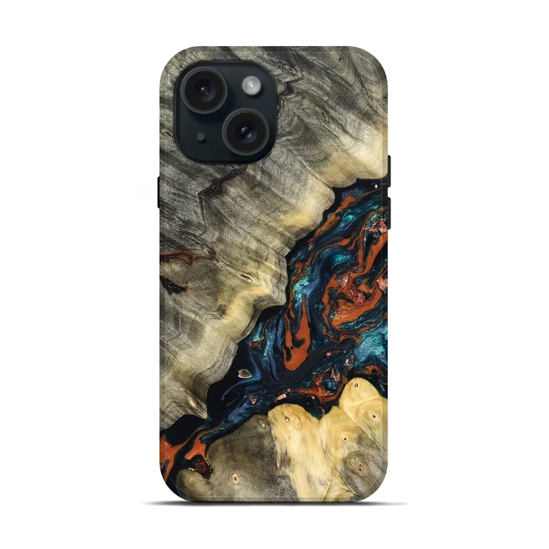 iPhone 15 Wood Live Edge Phone Case - Cortez (Teal & Gold, 829832)