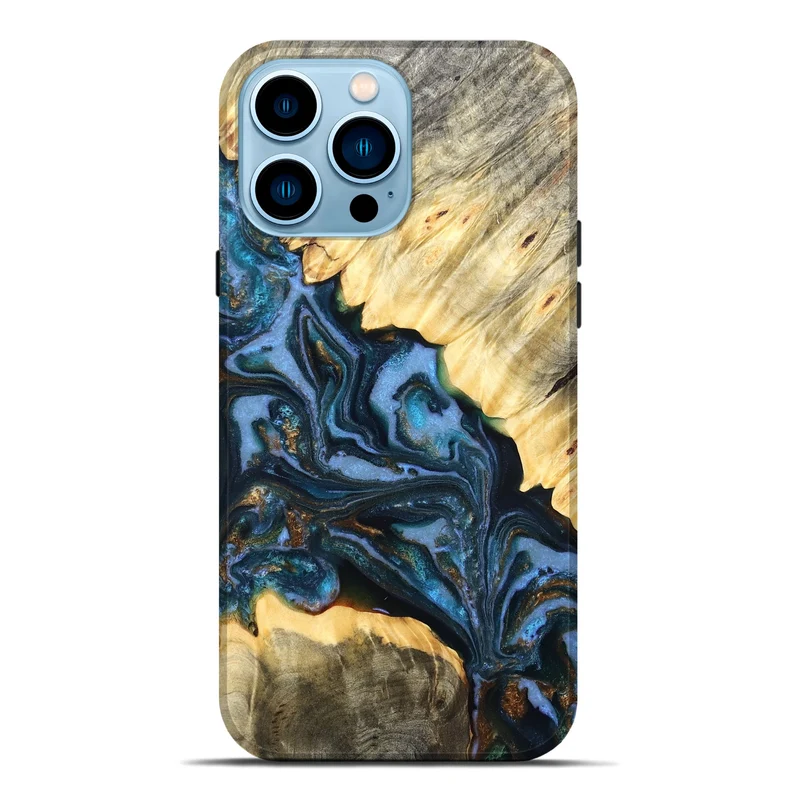iPhone 14 Pro Max Wood Live Edge Phone Case - Jaslene (Teal & Gold, 829859)