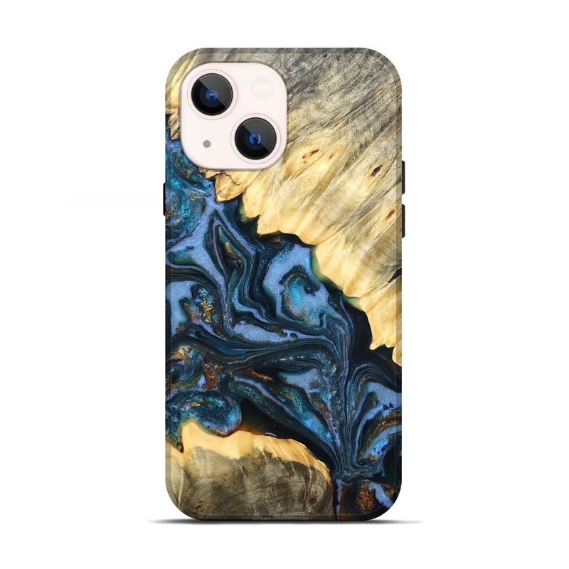 iPhone 13 Wood Live Edge Phone Case - Jaslene (Teal & Gold, 829859)