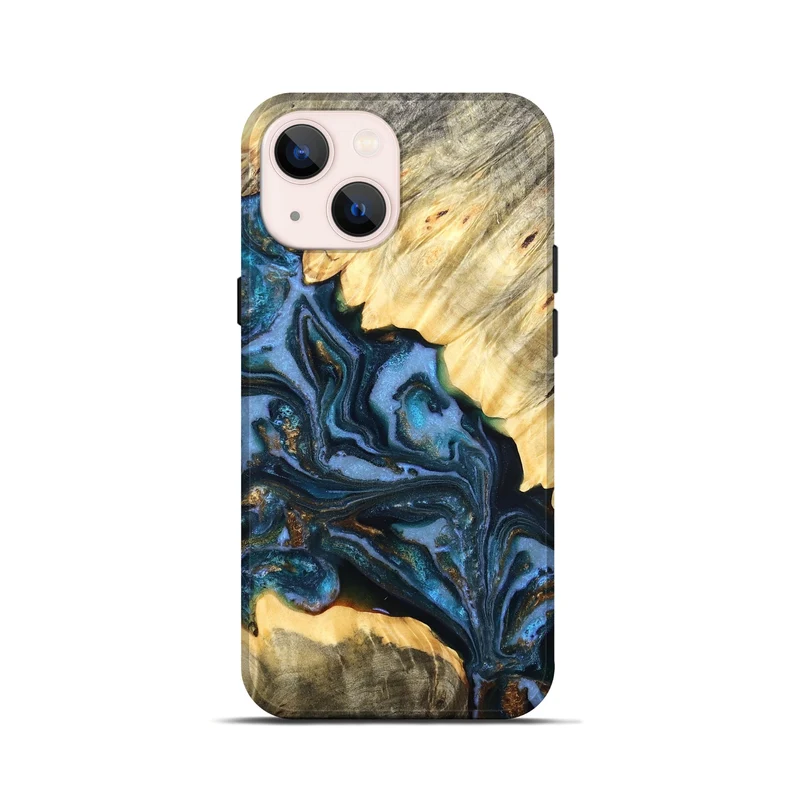 iPhone 13 mini Wood Live Edge Phone Case - Jaslene (Teal & Gold, 829859)
