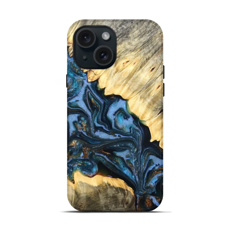 iPhone 15 Wood Live Edge Phone Case - Jaslene (Teal & Gold, 829859)