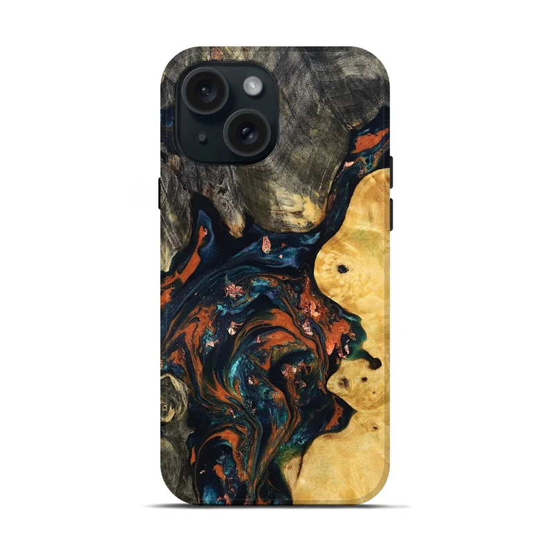 iPhone 15 Wood Live Edge Phone Case - Joana (Teal & Gold, 829855)