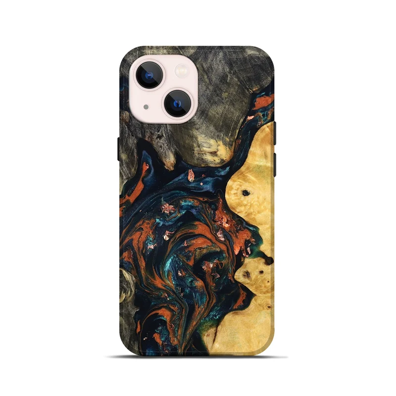 iPhone 13 mini Wood Live Edge Phone Case - Joana (Teal & Gold, 829855)