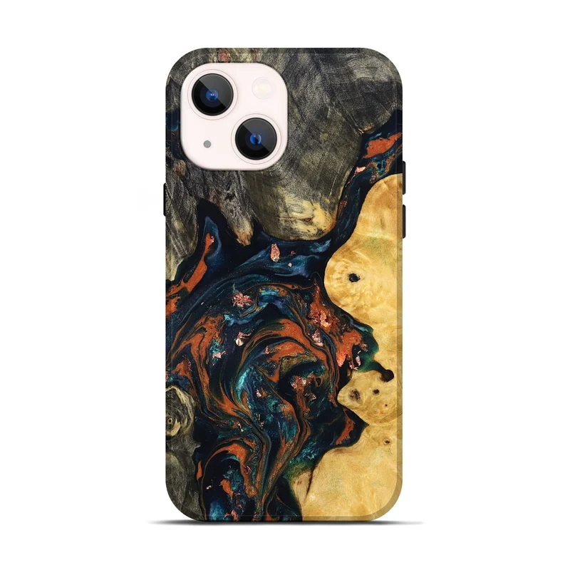 iPhone 14 Wood Live Edge Phone Case - Joana (Teal & Gold, 829855)
