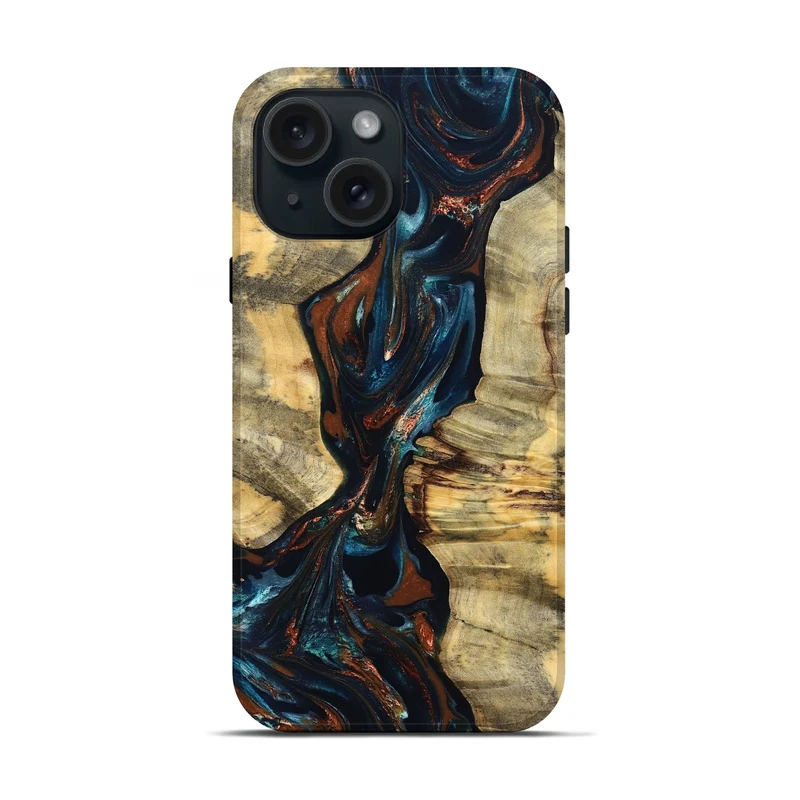 iPhone 15 Wood Live Edge Phone Case - Luz (Teal & Gold, 829845)