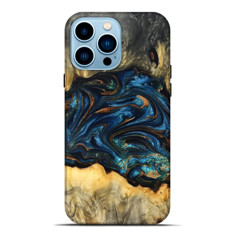 iPhone 14 Pro Max Wood Live Edge Phone Case - Tempie (Teal & Gold, 829816)