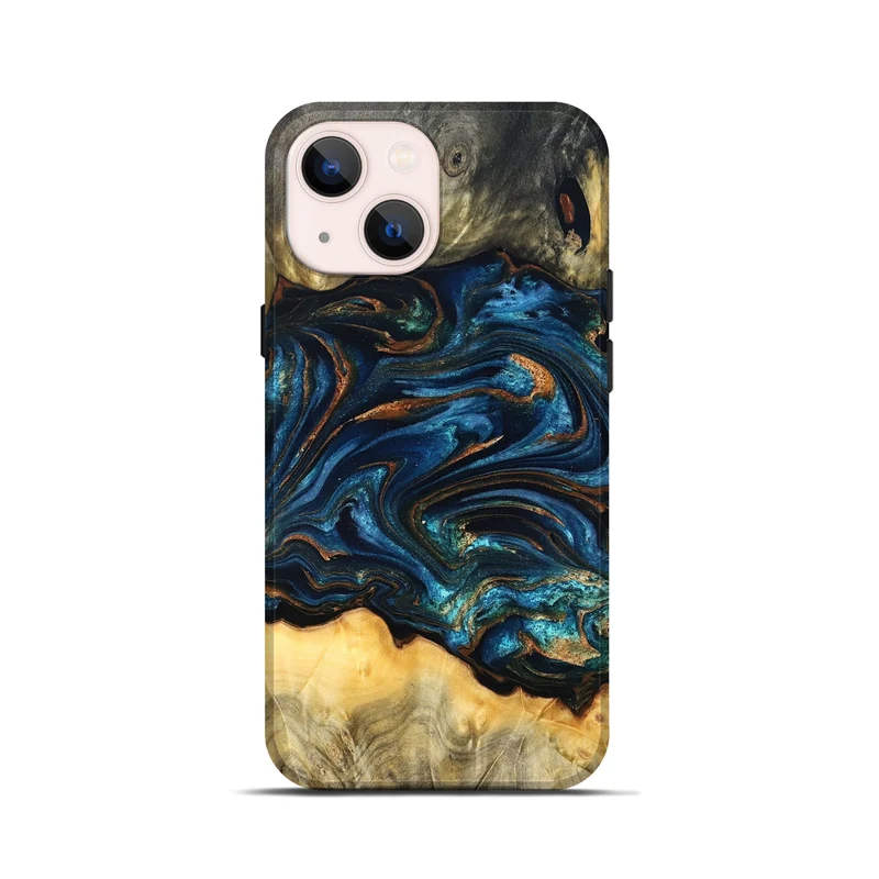 iPhone 13 mini Wood Live Edge Phone Case - Tempie (Teal & Gold, 829816)