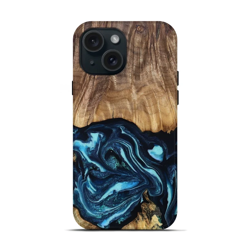 iPhone 15 Wood Live Edge Phone Case - Chantel (Blue, 829810)