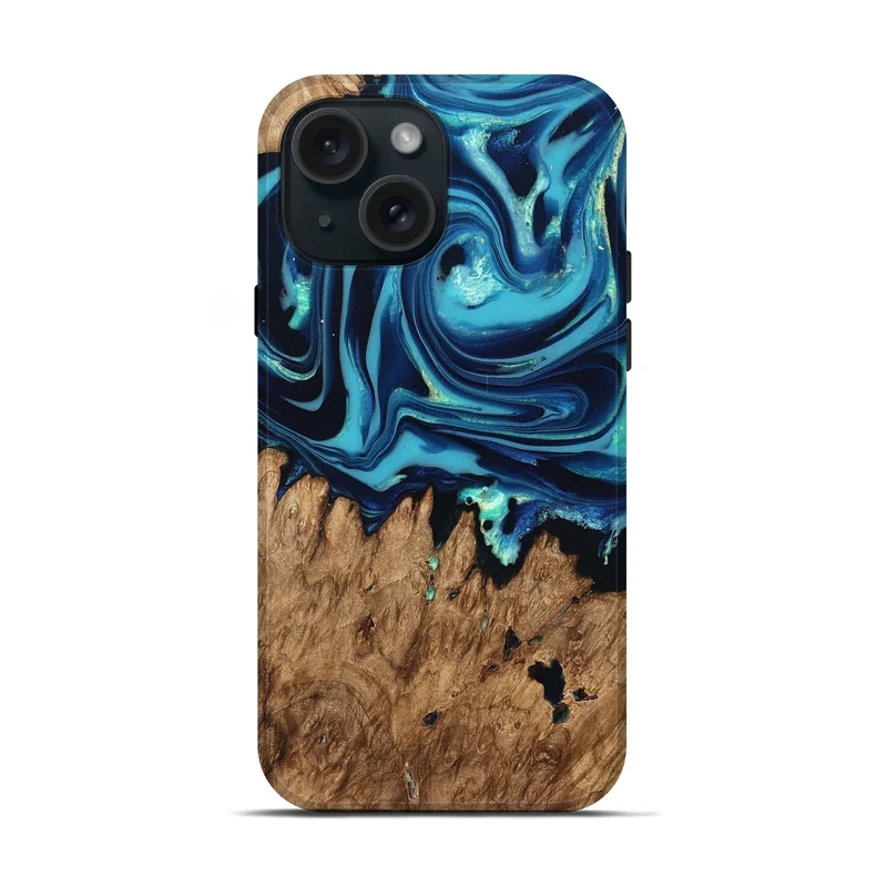 iPhone 15 Wood Live Edge Phone Case - Rosina (Blue, 829809)