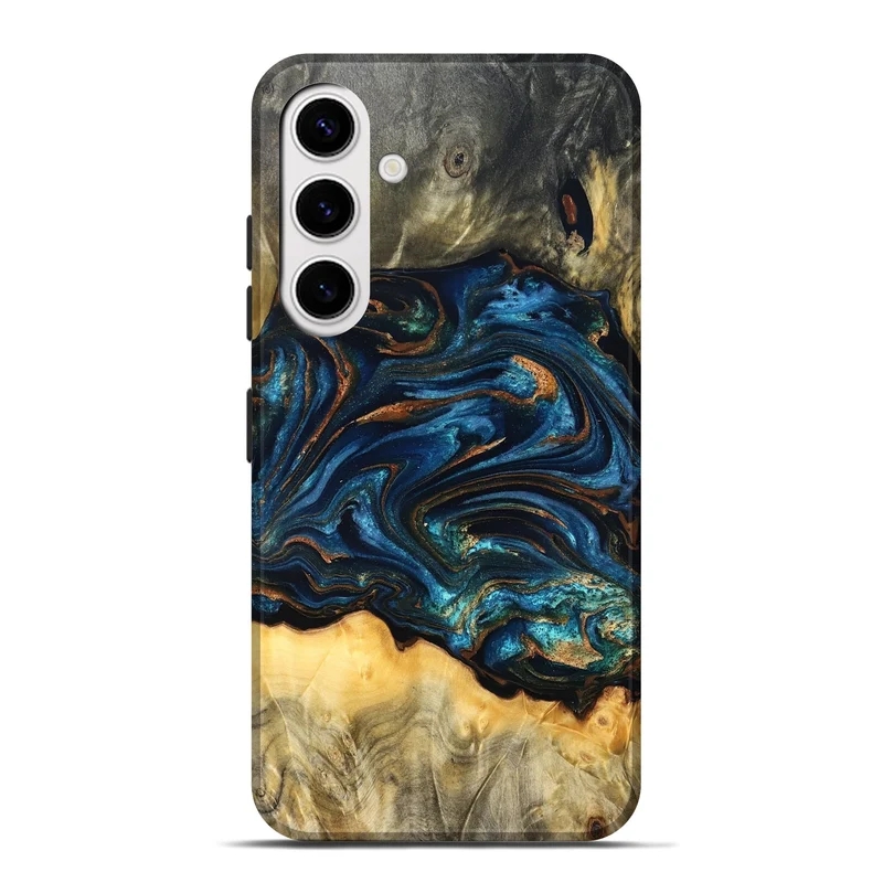 Galaxy S25 Plus Wood Live Edge Phone Case - Tempie (Teal & Gold, 829816)