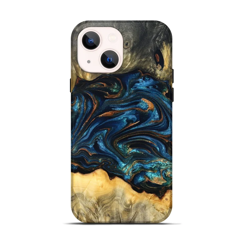 iPhone 14 Wood Live Edge Phone Case - Tempie (Teal & Gold, 829816)