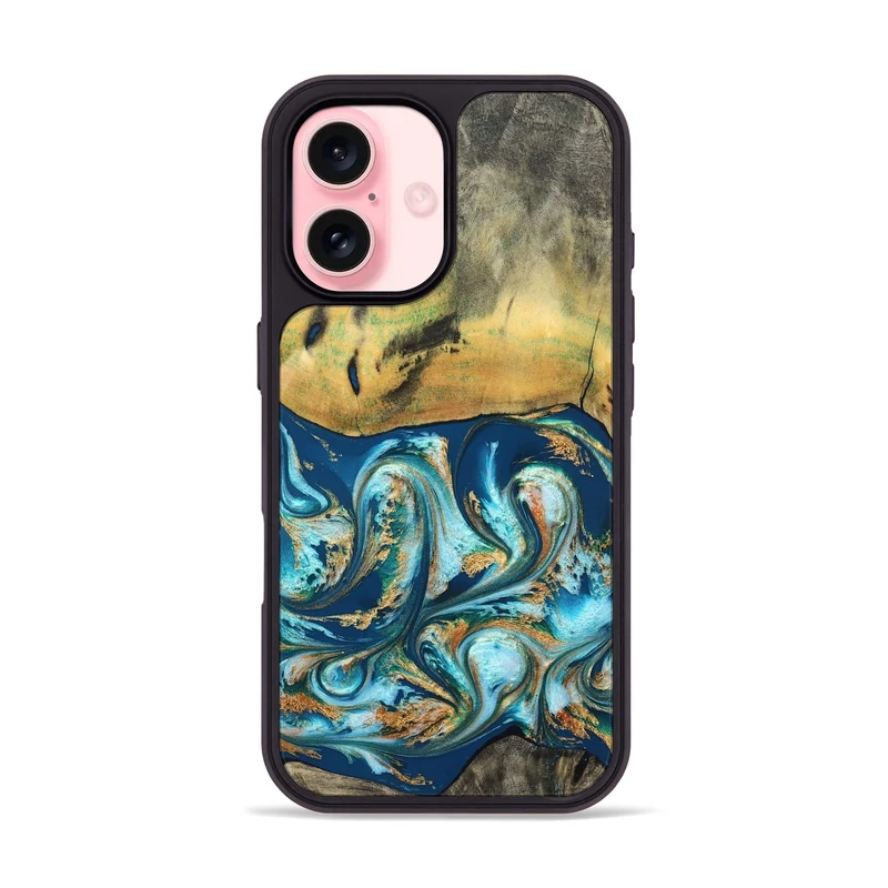 iPhone 16 Wood Phone Case - Lucius (Teal & Gold, 829708)