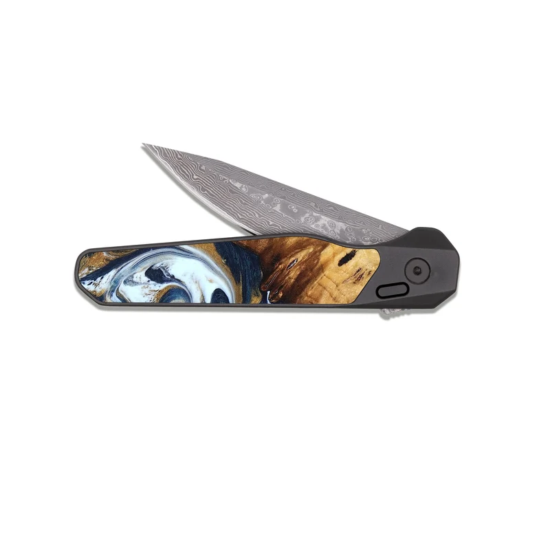 EDC Dark Damascus Wood Pocket Knife - Karyn (Teal & Gold, 829706)