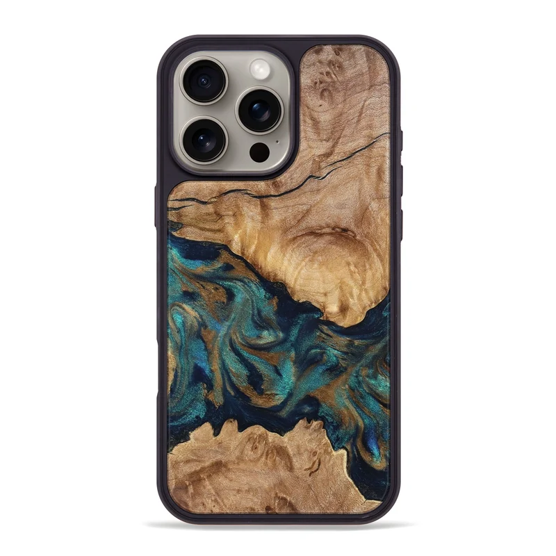 iPhone 16 Pro Max Wood Phone Case - Makaila (Teal & Gold, 829711)