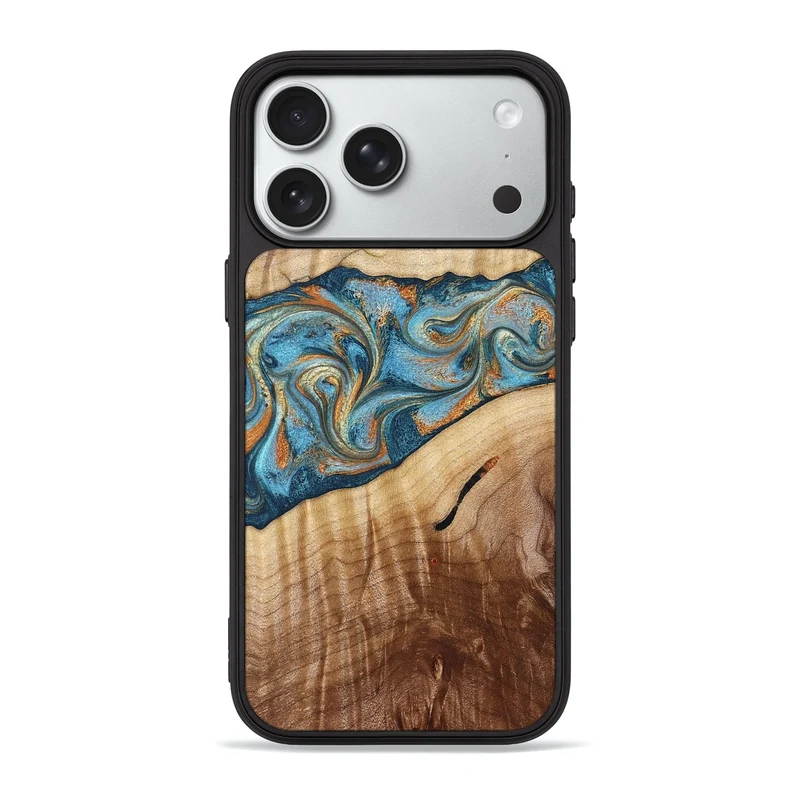 iPhone 18 Pro Max Wood Phone Case - Tyrese (Teal & Gold, 829704)