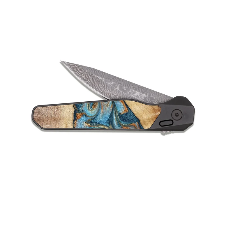 EDC Dark Damascus Wood Pocket Knife - Tyrese (Teal & Gold, 829704)