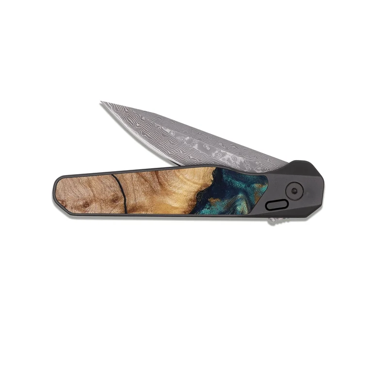EDC Dark Damascus Wood Pocket Knife - Makaila (Teal & Gold, 829711)