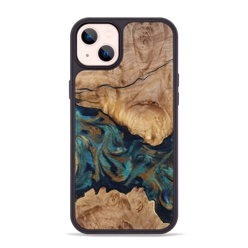 iPhone 14 Plus Wood Phone Case - Makaila (Teal & Gold, 829711)