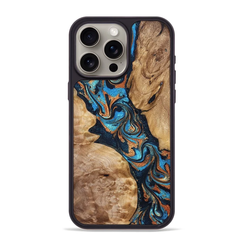 iPhone 15 Pro Max Wood Phone Case - Enid (Teal & Gold, 829419)