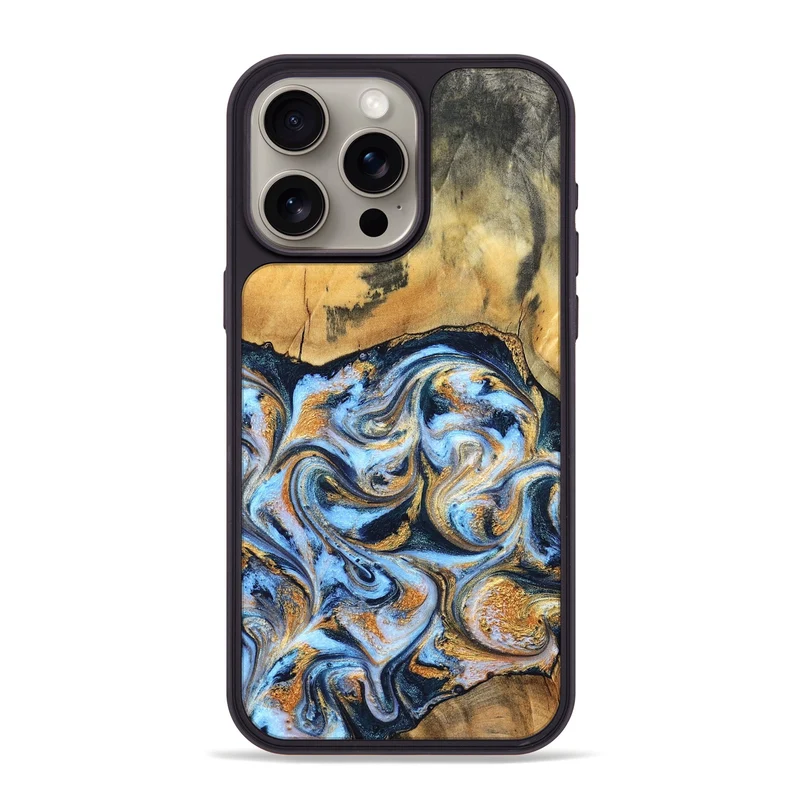 iPhone 15 Pro Max Wood Phone Case - Ellen (Teal & Gold, 829416)