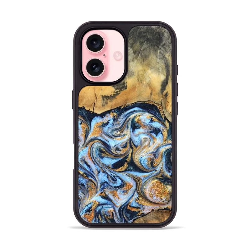 iPhone 16 Wood Phone Case - Ellen (Teal & Gold, 829416)