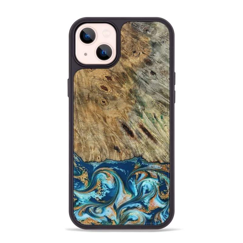 iPhone 14 Plus Wood Phone Case - Efrain (Teal & Gold, 829415)