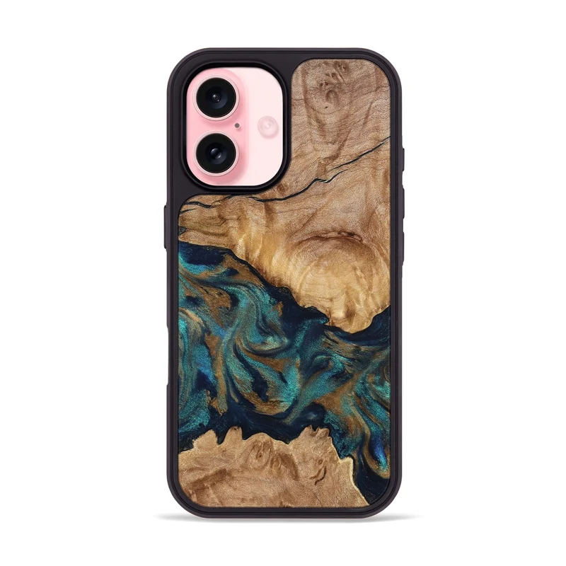 iPhone 16 Wood Phone Case - Makaila (Teal & Gold, 829711)