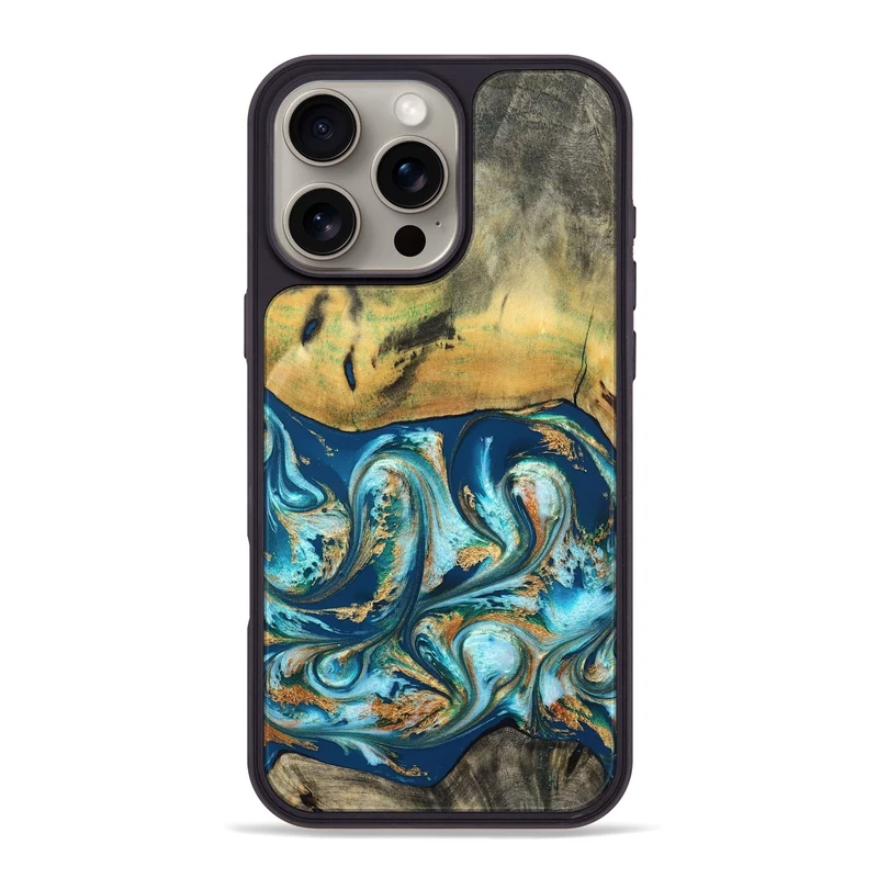 iPhone 16 Pro Max Wood Phone Case - Lucius (Teal & Gold, 829708)
