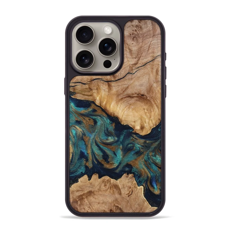 iPhone 15 Pro Max Wood Phone Case - Makaila (Teal & Gold, 829711)
