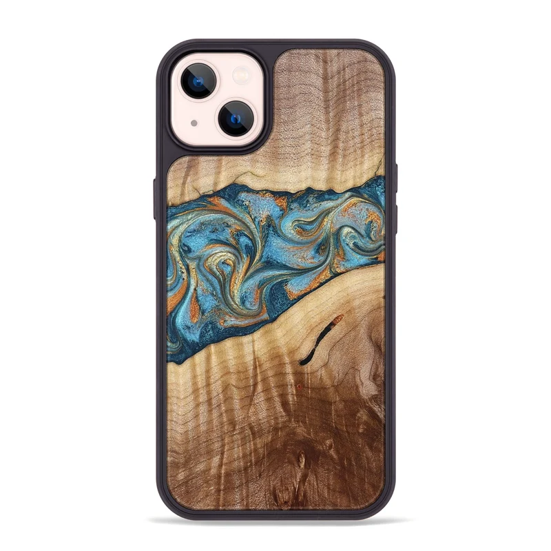 iPhone 14 Plus Wood Phone Case - Tyrese (Teal & Gold, 829704)