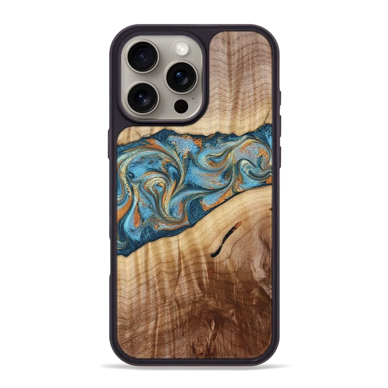 iPhone 16 Pro Max Wood Phone Case - Tyrese (Teal & Gold, 829704)