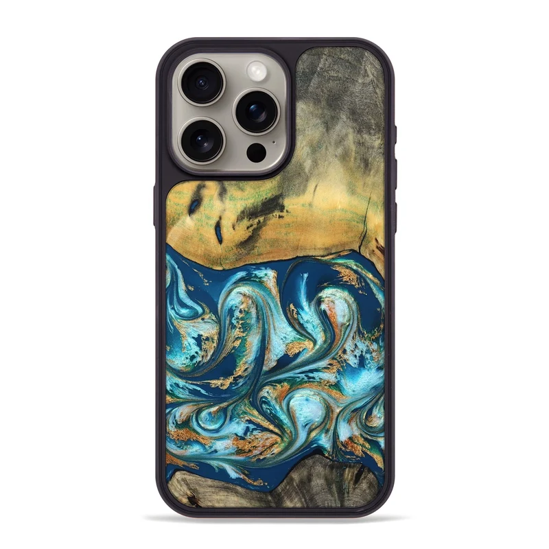 iPhone 15 Pro Max Wood Phone Case - Lucius (Teal & Gold, 829708)