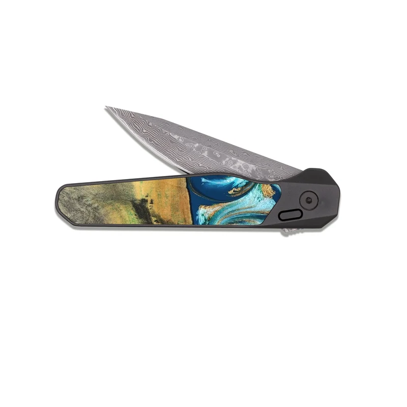 EDC Dark Damascus Wood Pocket Knife - Lucius (Teal & Gold, 829708)