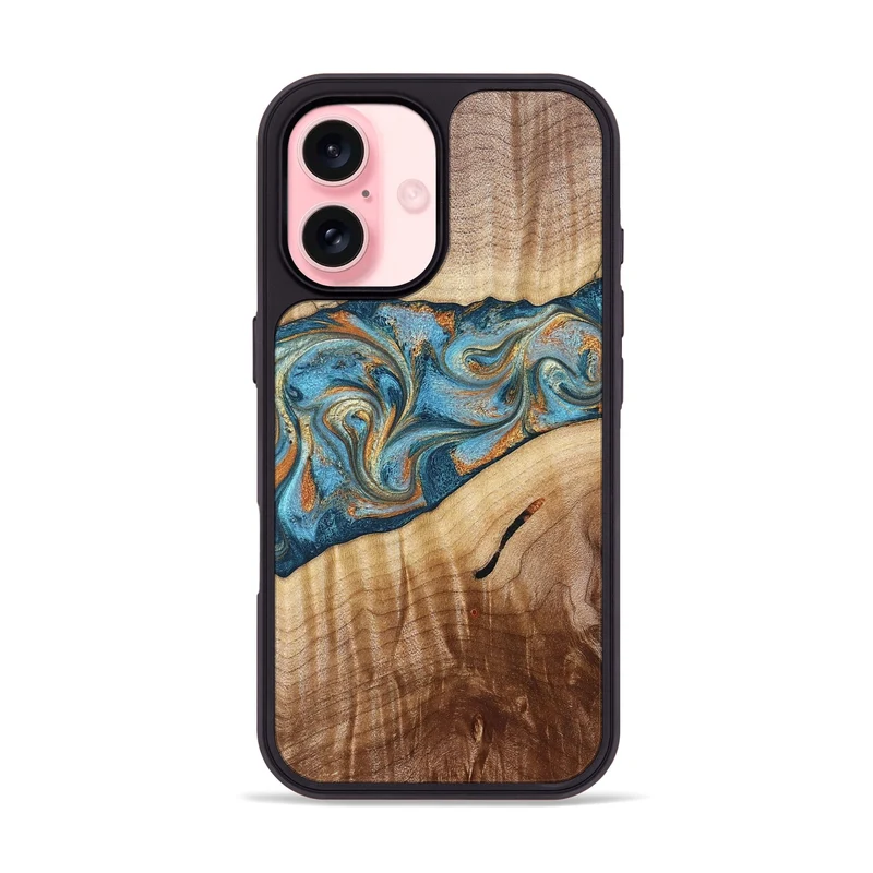 iPhone 16 Wood Phone Case - Tyrese (Teal & Gold, 829704)