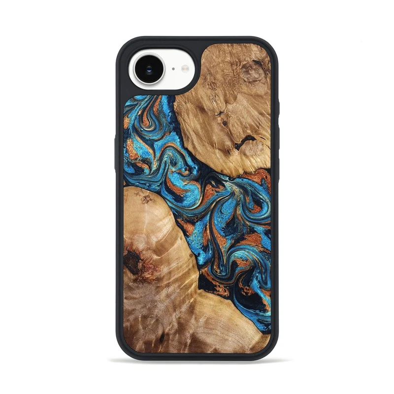 iPhone 16e Wood Phone Case - Erna (Teal & Gold, 829686)
