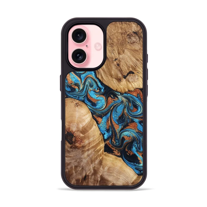 iPhone 16 Wood Phone Case - Erna (Teal & Gold, 829686)